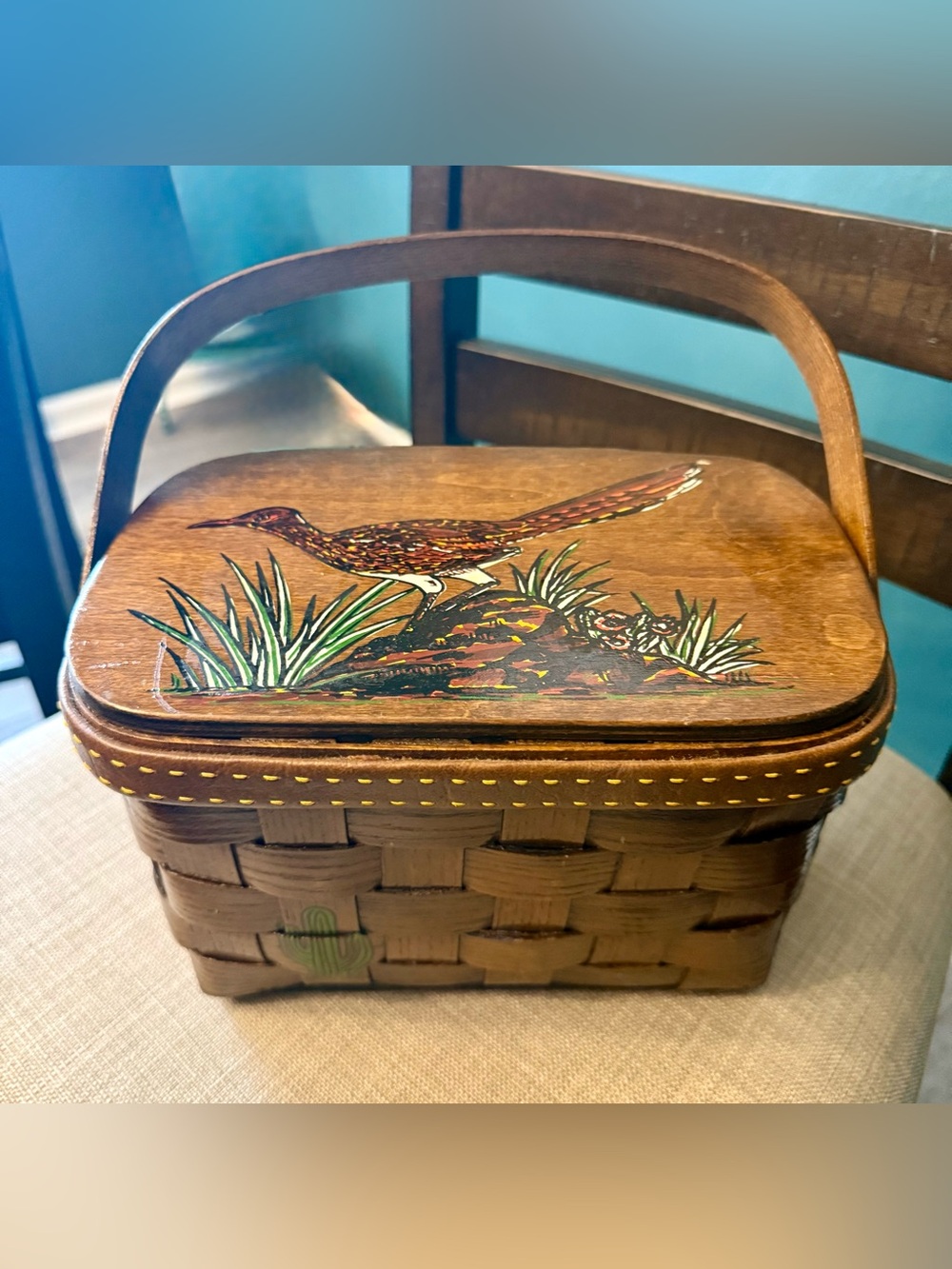 Vintage 1970’s Caro-Nan Wooden Basket Purse Hand Painted Roadrunner